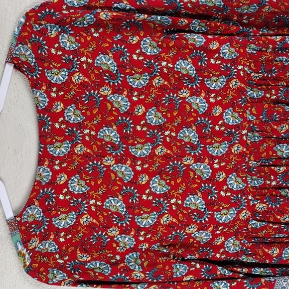 Suzanne Betro Weekend Red Blue Floral Button V-Neck Long Sleeve Bohemian Top - Picture 9 of 13